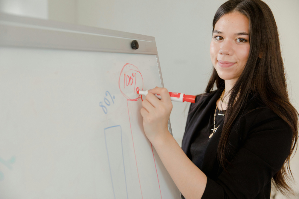 Office worker standing at whiteboard, pointing marker at statistics.